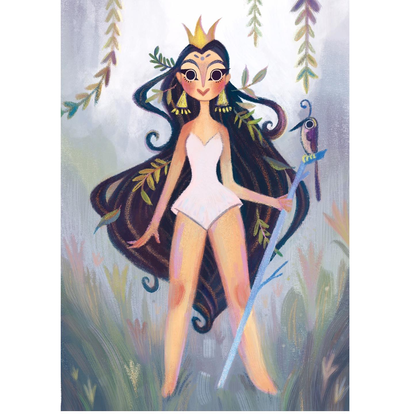 Fantasy queen with crown, leaves, and bird staff
