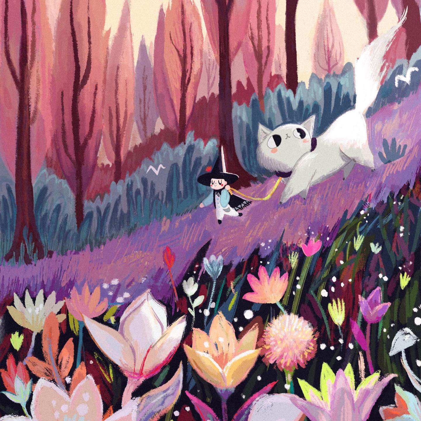 Painting: witch girl running with a white cat in pink forest