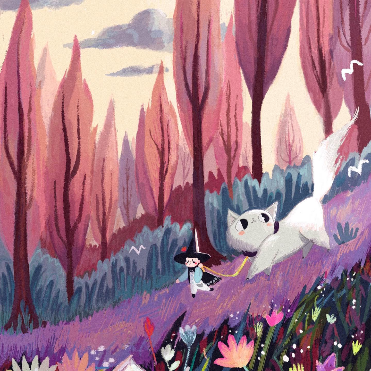 Painting: witch girl leading the giant white cat through pink lavender forest