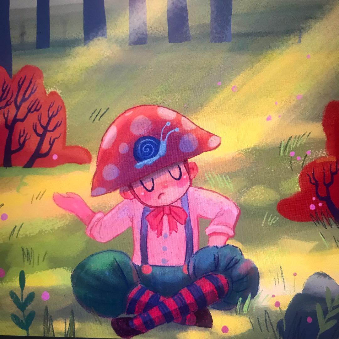 Mushroom-hat boy sitting in the forest