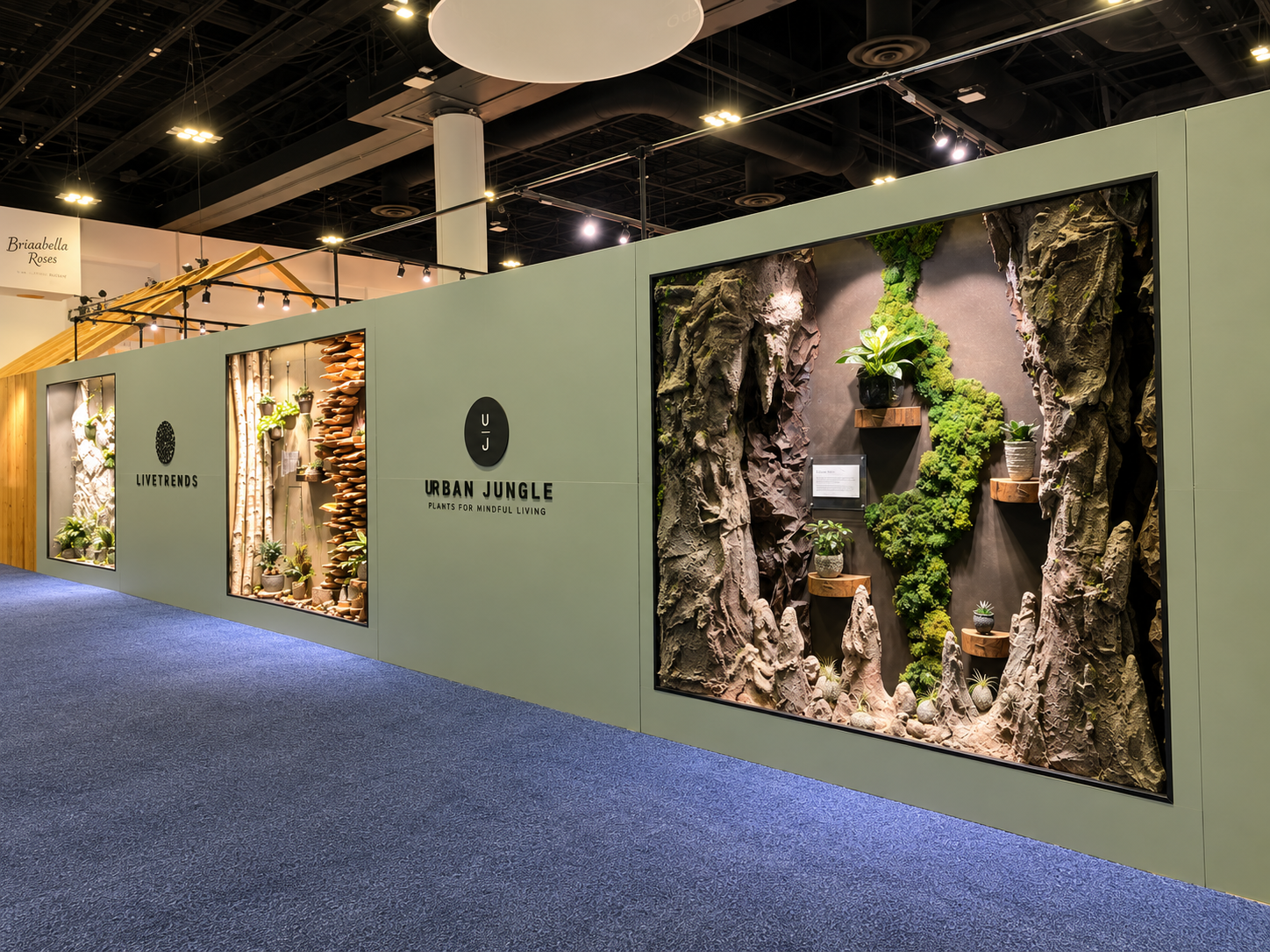 The finished LiveTrends booth at TPIE, with the Urban Jungle installation.
