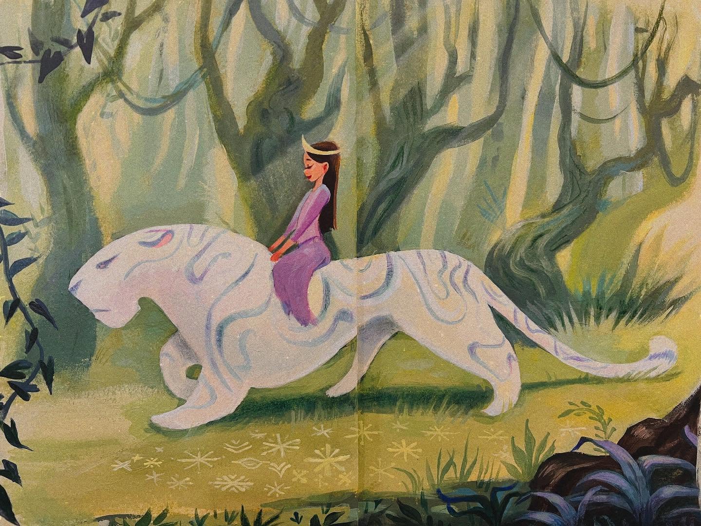 Girl in purple riding white tiger through forest