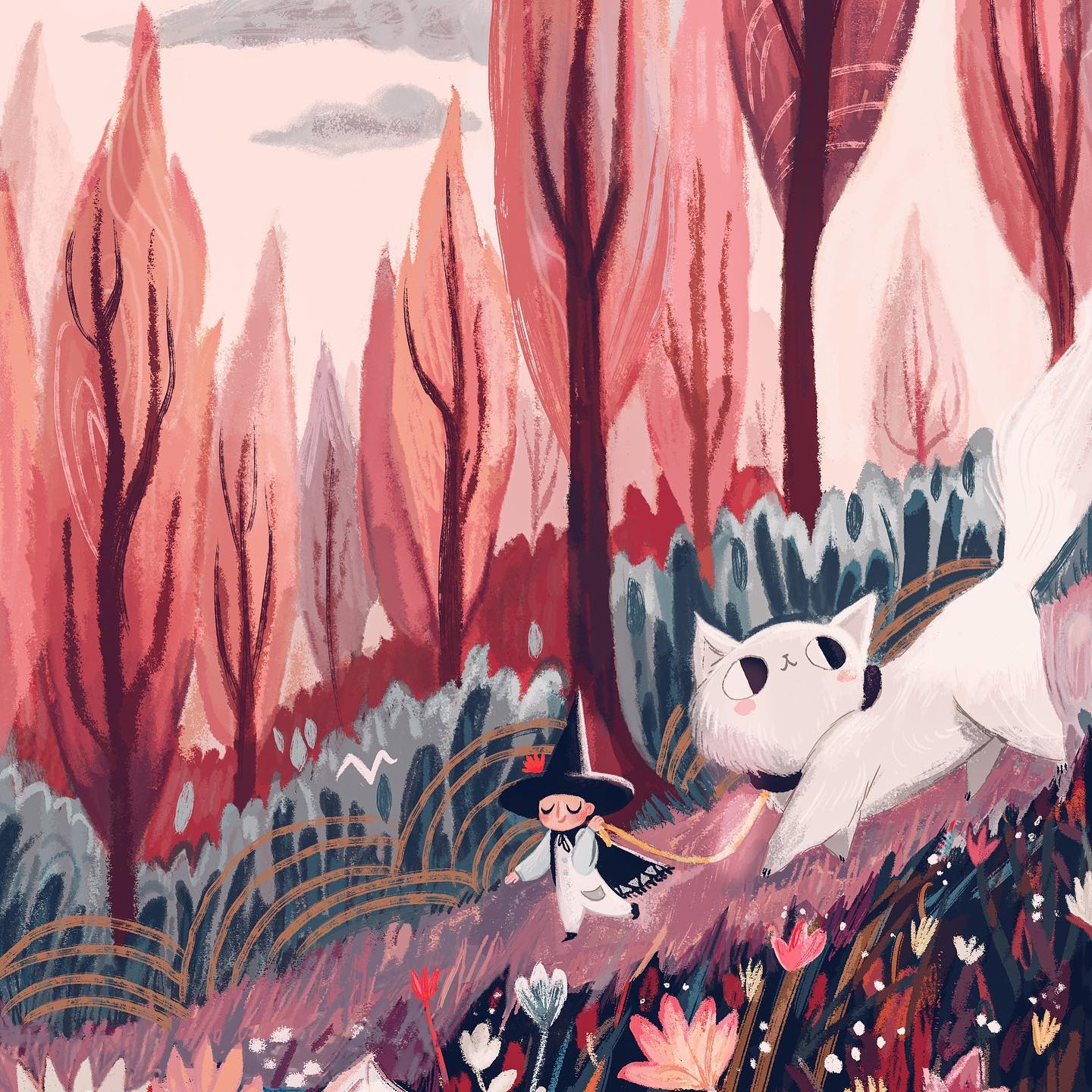 Digital study: small girl with hat and giant white cat