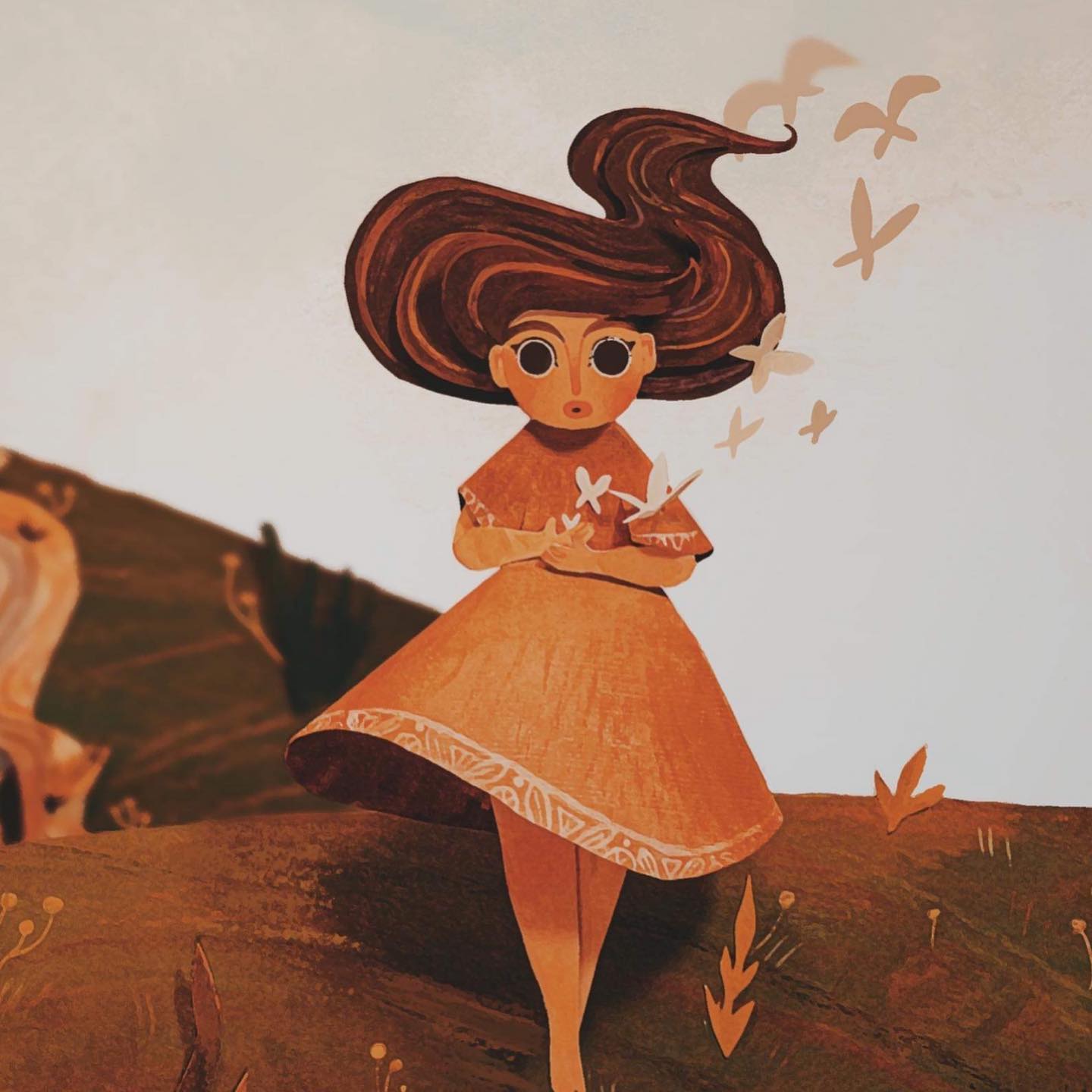 Digital concept: girl in orange dress releasing birds