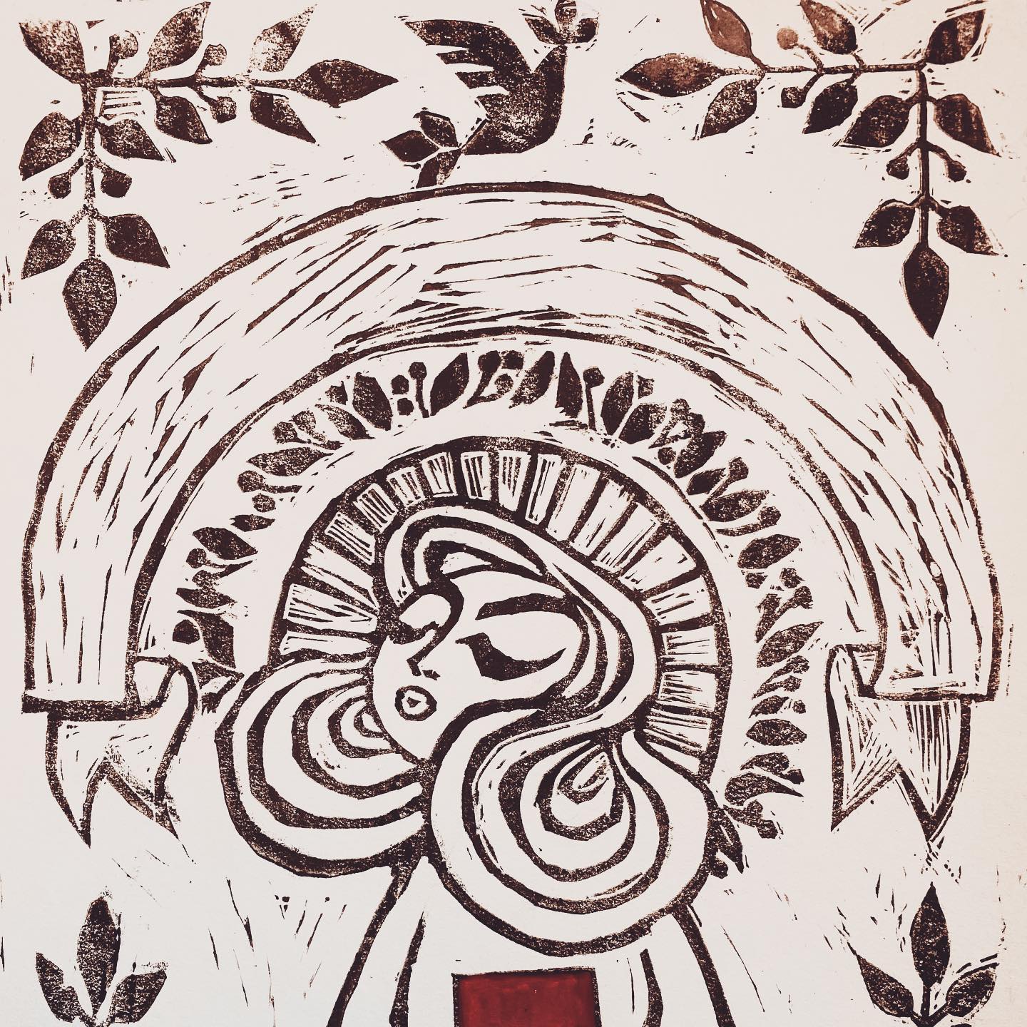 Linocut print: Madonna with halo in foliage frame
